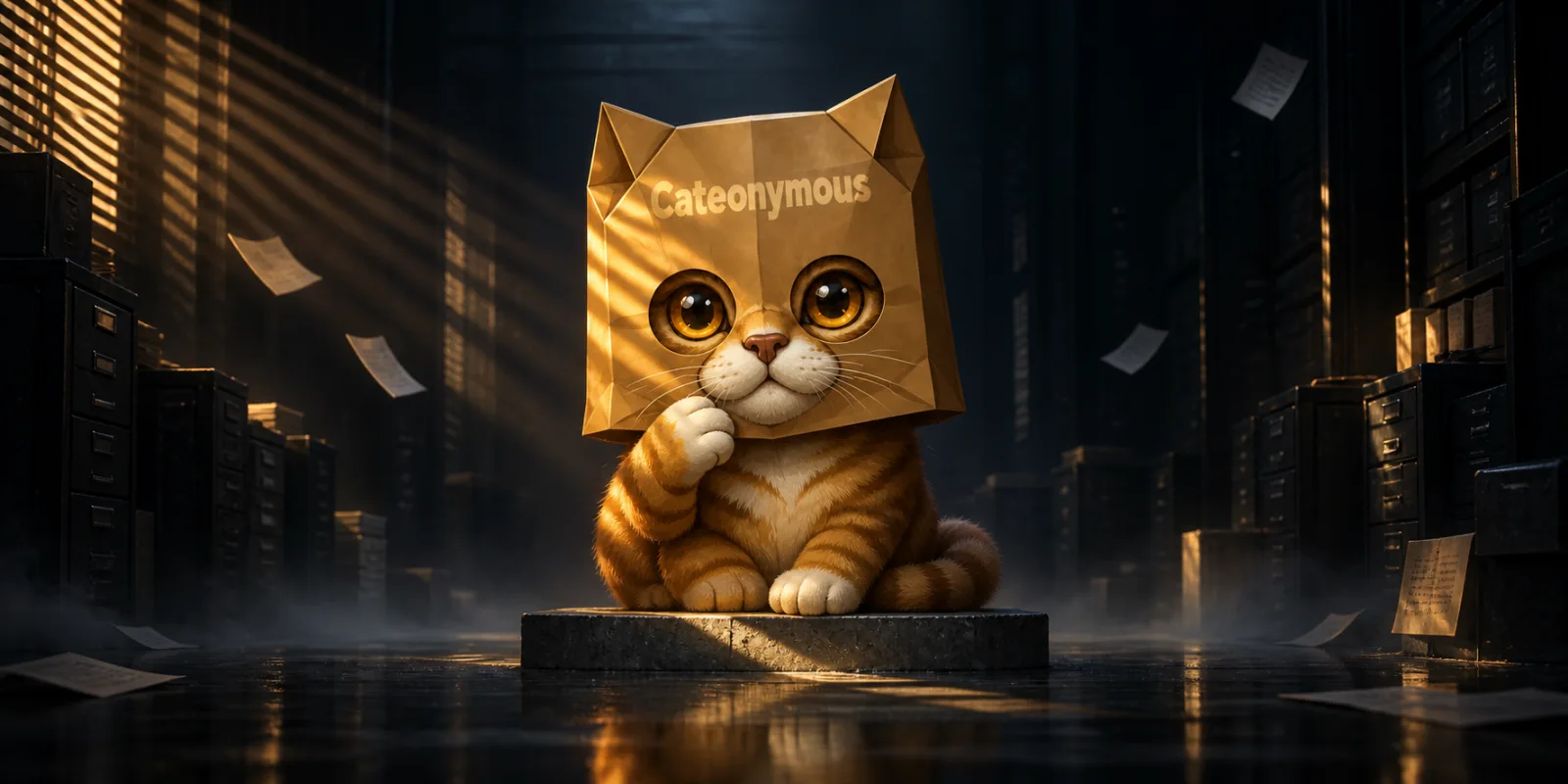 A three-dimensional golden masked cat concealed in a dark archive, lit through blinds
